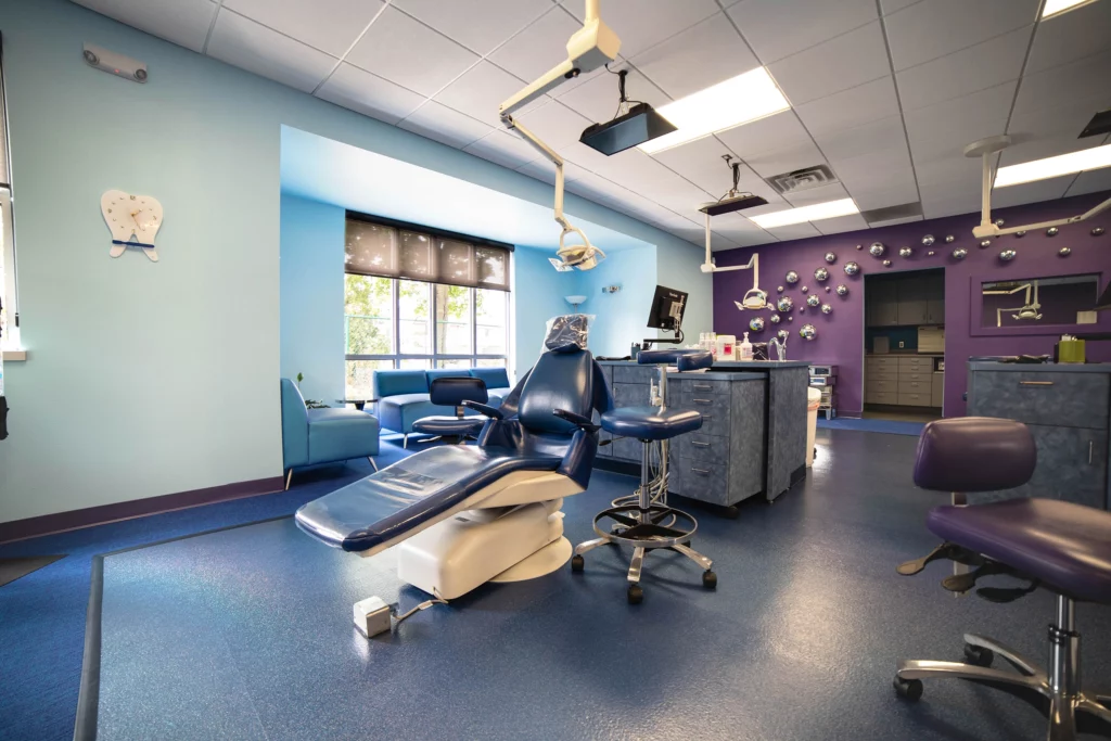 Empty dentist room with a reclining chair